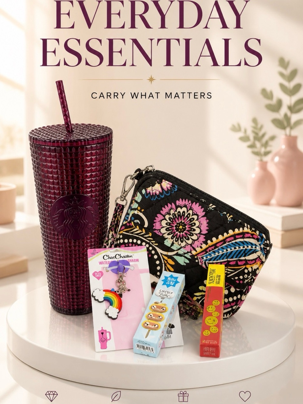Vera Bradley Black Floral Zip Coin Pouch with Plum Textured Tumbler